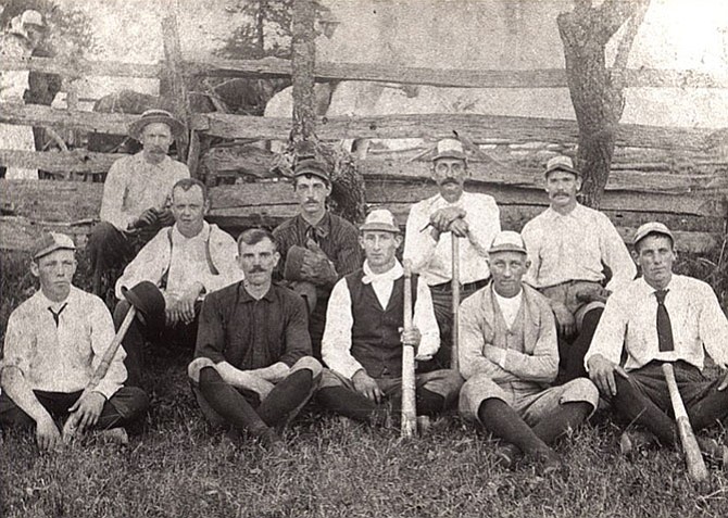 The 1890s Baseball Team: Front row -- Neal Johnson, Tom Dickey, Walter Follin, Page Sanders, and Sidney Follin Sr., Back row -- Albert Cornwell, Howard Cunningham, Joe Money, George Gunnell, and Harvey B. Cornwell.


