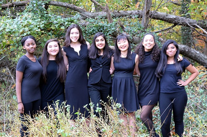 Girl Power: The strong women of ‘Little Women the Musical’. From left: Kayla Johnson (narrator), Maddie Miller (Beth), Holly Waters (Jo), Sonali Doshi (Marmee), Carolyn Nee (Meg), Samantha Feldman (Amy), and Itzel Trejoh (Aunt March)
