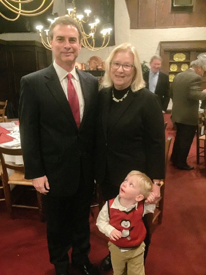 State Sen. Brian Feldman (D-15) congratulates Citizen of the Year Mary Kimm with her grandson Declan Dixon during the Potomac Chamber of Commerce’s Awards Dinner on Thursday, Nov. 17.