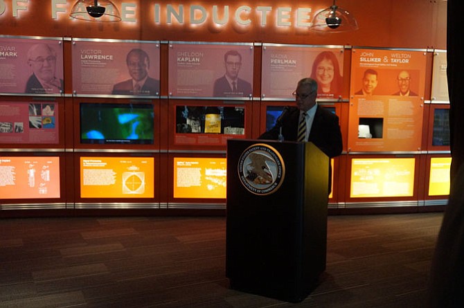 Frederick Steckler, chief administrative officer for the U.S. Patent and Trademark Office, makes remarks prior to unveiling the Visionary Veterans exhibit Nov. 10 at the National Inventors Hall of Fame.
