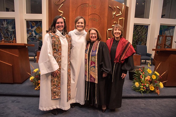 From left, Rev. Meredith Keseley and Seminarian Heidi Eickstadt of Lutheran Church of the Abiding Presence in Burke, and Rabbi Amy R. Perlin, D.D. and Rabbi Laura Rappaport, D.D. of Temple B’Nai Shalom in Fairfax Station, at the 30th consecutive joint Thanksgiving Eve service, held Nov. 23 at the Jewish congregation’s synagogue.
