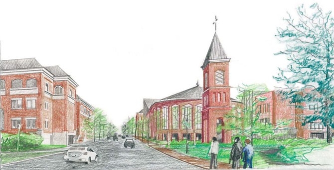 Proposed redesign of Alfred Street Baptist Church as viewed from the southwest corner.