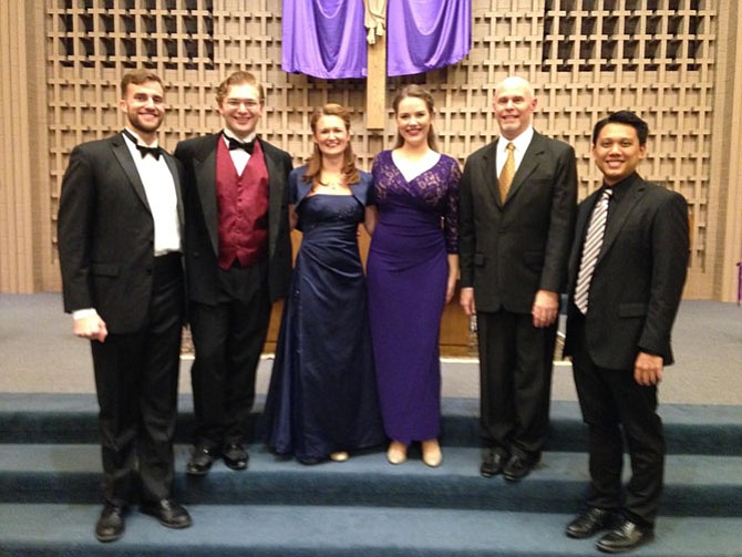  Soloists from the 2015 sing-along, from left: Ethan Greene, bass; Logan Webber, tenor; Jaely Chamberlain, soprano; Amanda Palmeiro, mezzo soprano; David Lang, organist; and Allan Laino, conductor.
