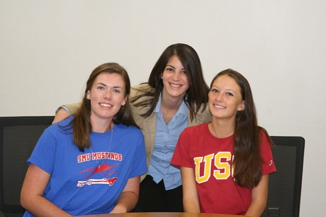 Erin Pierce (left) and Jenna Rosen with Julie Sutliff, Women’s Head Coach for Langley Crew.
