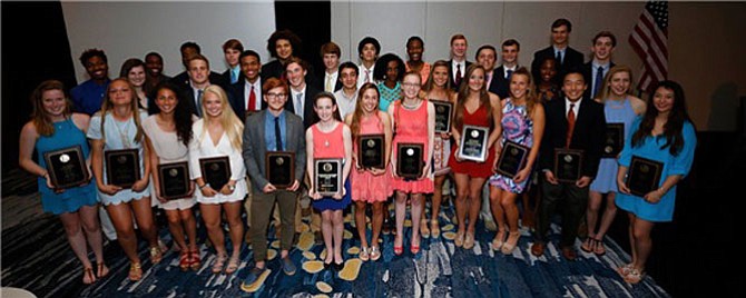 High School Athletes of the Year pose for a photo at the Alexandria Sportsman’s Club annual awards banquet in May. Marion Moon is once again matching donations to the ASC scholarship fund in memory of her sons Rick Moon and Craig Moon.