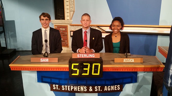 The St. Stephen's & St. Agnes Upper School "It's Academic" team appeared on the television quiz program on Saturday, Dec. 10 and advanced to the playoffs. Seniors Sam Dubke, Jessica Edwards, and Sterling Gilliam, coached by Upper School Art History Teacher Kara Sandoval and Upper School English Teacher Dr. Roberta Klein, competed against W.T. Woodson and Washington-Lee high schools. The playoff round will air sometime in February on NBC4 Washington.  

