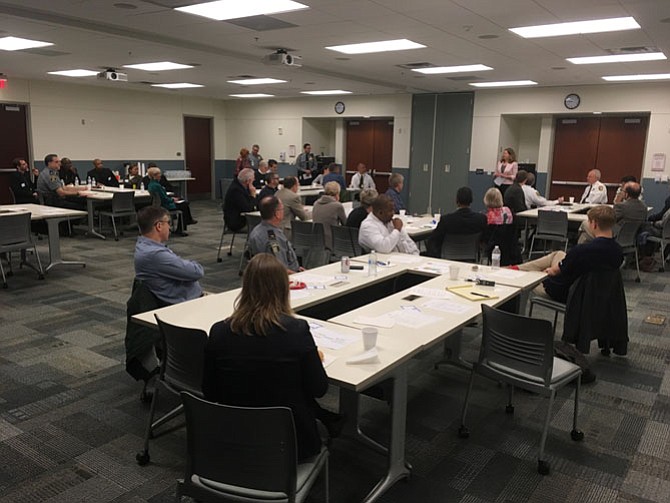 Mayor Allison Silberberg addresses more than 40 clergy, representing nearly 30 local congregations, and about 20 police officers at the second Police-Clergy Breakfast. 