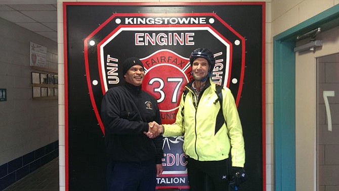 Right, Supervisor Dan Storck (D-Mount Vernon) meets with Captain Derrick Penny of Fairfax County Fire & Rescue Station 37 Kingstowne during the first-ever Tour de Mount Vernon bike ride.