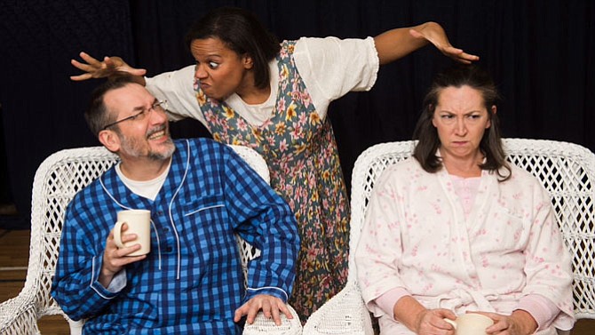 <cl>From left -- Vanya played by Andrew JM Regiec, Cassandra played by Alexa Yarboro, and Sonia played by Lee Slivka in Reston Community Players’ production of  ‘Vanya and Sonia and Masha and Spike.’