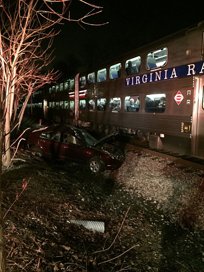 No one was injured after a Virginia Railway Express train struck a car that had become stuck on the tracks in Clifton on Jan. 5, according to Fairfax County Fire & Rescue.