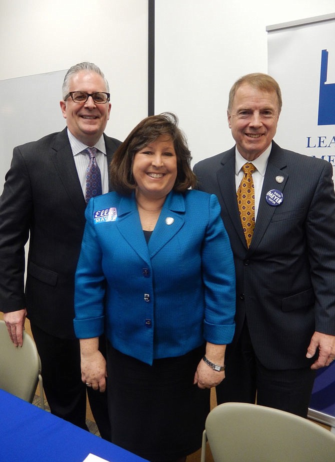 Fairfax mayoral candidates (from left) Michael DeMarco, Ellie Schmidt and David Meyer.