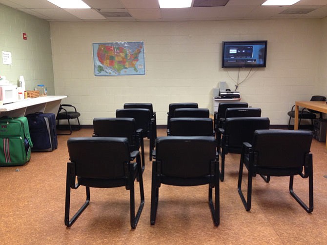 Guests of the Winter Shelter can sit, watch TV, and eat a snack before the chairs are cleared away for sleeping mats each night.