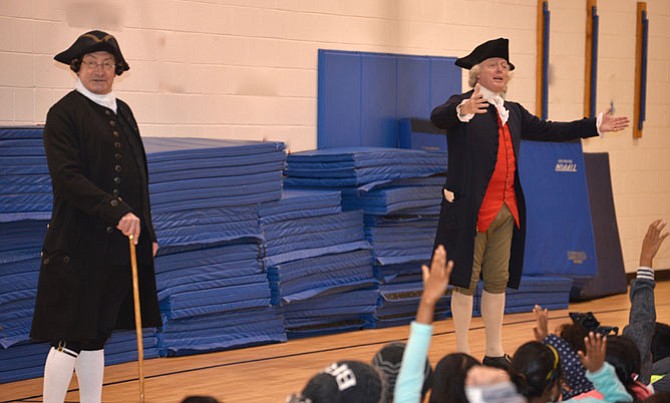 Only minutes into the hour-long assembly at McNair Elementary School in Herndon, and “Patrick Henry” (brought to life by Richard Shumann) and “Thomas Jefferson” (realistically portrayed by Bill Barker) had all of the fourth and sixth graders seriously engaged. The pair of Colonial visitors have been re-enacting their characters for so many years, especially through the Colonial Williamsburg Foundation.