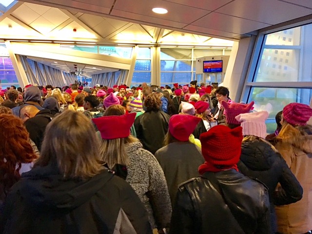 Crowd filling metro train at 7:35 a.m. at Wiehle Station in Reston.  Not an exaggeration to say thousands came from Reston alone.  Heavy volume 6AM to almost 12 noon.