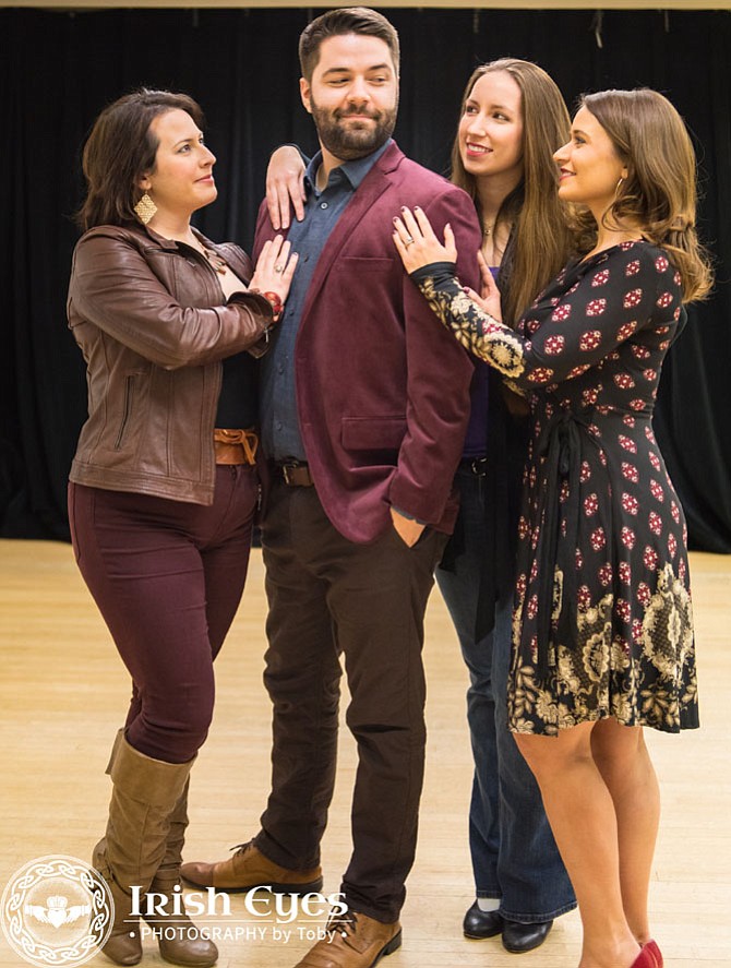 From left -- Robert (Matt Liptak) and his three girlfriends, Marta (Kristina Friedgen), Kathy (Vanessa Miller), and April (Melissa Pieja) in a ‘Company’ rehearsal photo. McLean Community Players present ‘Company’  at the Alden Theatre in the McLean Community Center on weekend Feb. 3 to Feb. 19, 2017.