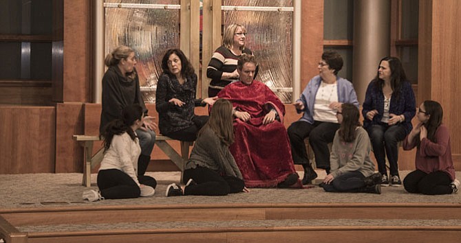 Rehearsing "Pharaoh's Song" from left are: (front row) Gabriella Fine, Nessa Raskin, Amy Eisenberg, Tekoa Sultan-Reiser; (second row) Jennifer Miller, Shelly Basen, Paul Loebach, Meryl Cohen, Barbara Weckstein Kaplowitz; and (back row) Lindsay Meyers. 
