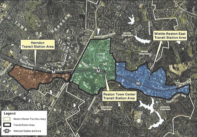 A map of the Reston Transit Station Areas (TSAs) that would be subject to the funding proposal. The Wiehle-Reston East and Reston Town Center TSAs are located along both sides of the Dulles Airport Access Road and Dulles Toll Road (DAAR) from the Virginia Department of Transportation owned storage facility to the east, Hunter Mill Road on the southeast and Fairfax County Parkway on the west. The Herndon TSA is located along the south side of the DAAR and is bounded by Fairfax County Parkway on the east, Fox Mill Road and Sunrise Valley Drive on the south and Centreville Road on the west. Land to the north of the Herndon station is within the town of Herndon.
