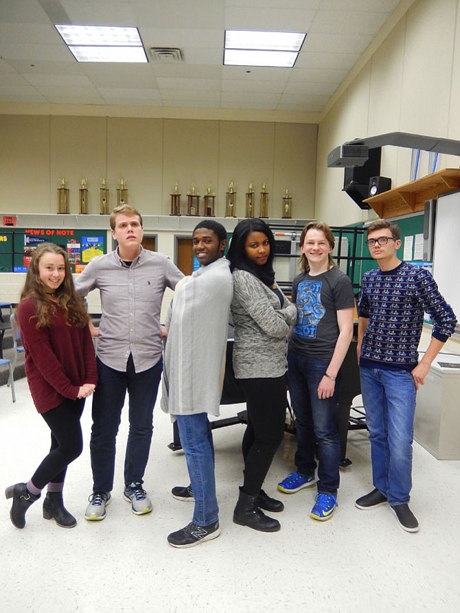 Posing in character for Centreville High’s musical, “You’re a Good Man, Charlie Brown,” are (from left) Margot Vanyan (Patty), Andrew Lindgren (Charlie Brown), Kyree Parker (Linus), Kourtni McNeil (Lucy), Peter Waldmiller (Snoopy) and Ben Stallard (Schroeder).