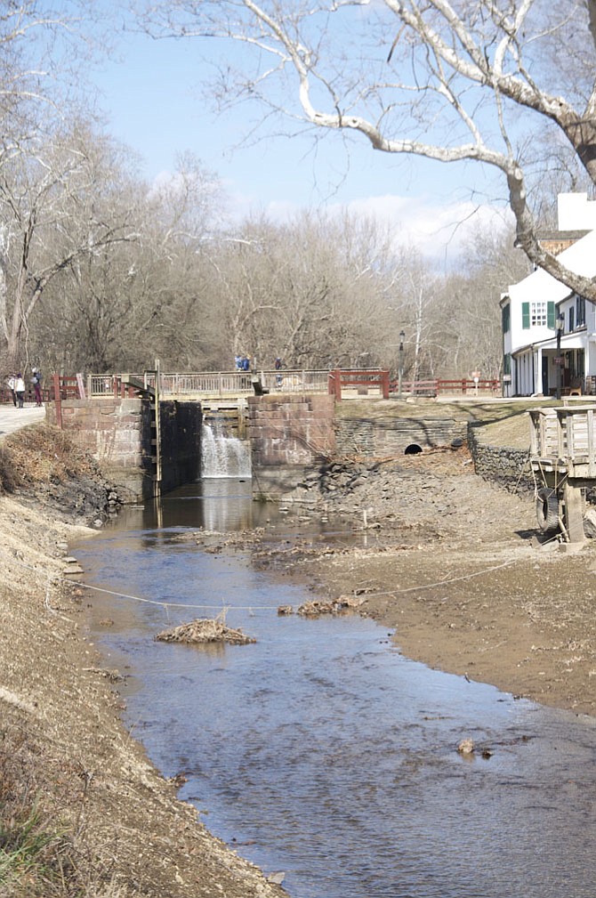 Lock 20 has been drained to allow for a topographic survey to be conducted by Chesapeake and Ohio Canal National Historical Park staff  to better quantify the amount of sediment which has accumulated within the canal.