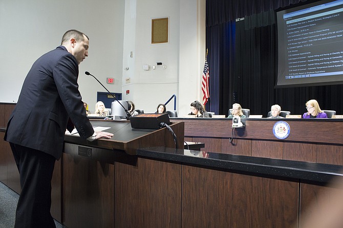 Greg Miller, McLean High School director of student activities, testified in support of funding new scoreboards before the Fairfax County Public School Board in Falls Church on Thursday, Jan. 26.