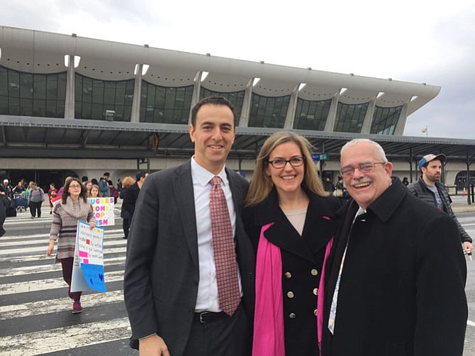 Left, Del. Marcus Simon was at Dulles airport Saturday and Sunday, as well as (center) state Sen. Jennifer Wexton (D-33), and (right) U.S. Rep. Gerry Connolly (D-11), asking that some of the more than 20 lawyers present be given the opportunity to meet with the detainees.
