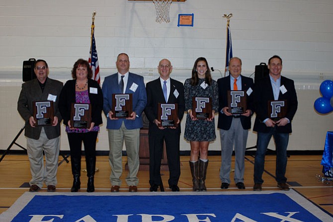 FHS 2017 Hall of Fame inductions held Jan. 13, 2017. From left: Davey Williams, Class of 1968, Football/Wrestling, Kathy McCaughey-Eker, Class of 1980, Softball/Tennis/Track, David Bedwell, Class of 1989, Football, Richard “Moon” Ducote, Class of 1968, Football/Wrestling, Emily Ferguson, Class of 2008, Swimming, Craig White, Class of 1968, Football/Baseball, Justin Potter, Class of 1998, Wrestling/Football. 
