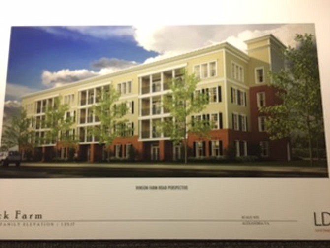 Option A for the Bock Farm site, which has already passed planning and zoning to reach the Board of Supervisors and was deferred last fall: a senior (55+) community with four, four-story buildings with 128 units at 55 ft in height, including underground structured parking. 