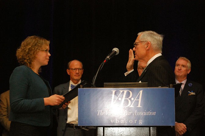 David S. Mercer is installed as 129th president of the Virginia Bar Association during the swearing-in ceremony held on Saturday, January 21 in Williamsburg, Virginia. The oath of office was administered by his daughter-in-law, Kelly Thomasson, Virginia Secretary of the Commonwealth.
