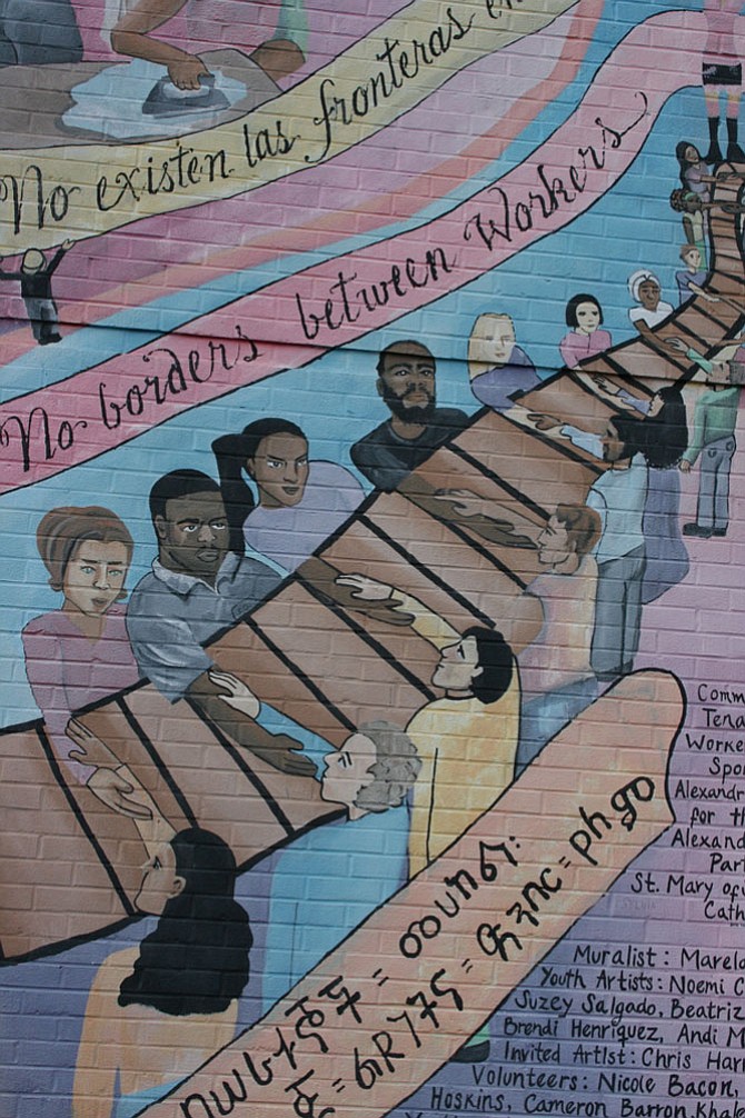 The mural on the Tenants and Workers United’s building, located at 3801 Mt. Vernon Ave., highlights the history of U.S. immigration. It was commissioned by the nonprofit in August 2008 and sponsored by the Alexandria Commission on the Arts, Alexandria Economic Partners Inc. and St. Mary of Sorrows Catholic Church.