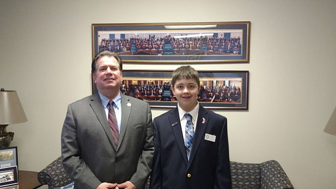 Del. Tim Hugo (R-40) is joined by constituent Sam Hillenberg, who’s working as a General Assembly page during this legislative session. Hugo’s HB 1885 limiting opioids prescriptions has passed both the House of Delegates and Senate.