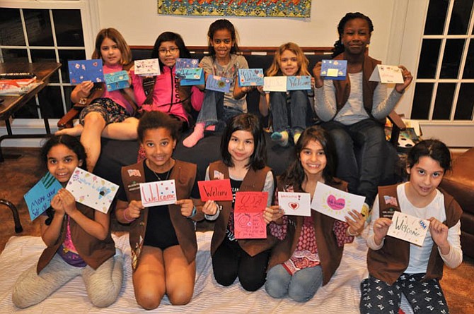Brownies in Troop 3173 at Waples Mill Elementary School in Oakton and Hunters Woods Elementary School in Reston are making welcome cards for refugees that will be resettled in northern Virginia by Lutheran Social Services of the National Capital Area, one of the local agencies that resettles over 1,200 individuals annually. These Brownies invite residents to make welcome cards and send them to LSS/NCA, 7401 Leesburg Pike, Falls Church, VA 22043.
