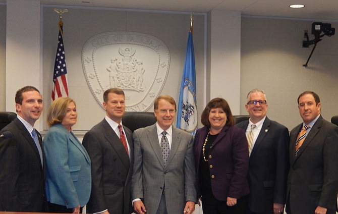 From left are Council members Jon Stehle, Janice Miller and Jeff Greenfield, Mayor David Meyer and Council members Ellie Schmidt, Michael DeMarco and Dan Drummond.