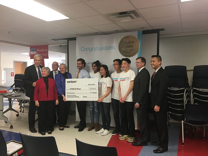 State Sen. Dick Saslaw, Supervisor Penny Gross, Fairfax County School Board Vice Chairman Jane Strauss, Director of Government Affairs for Verizon Mario Acosta-Velez, STEM All Star App Challenge winners (Sajni Vederey, Colleen Choi, Michael Ma, and Nathan Chow), and Doug Brammer of Verizon.