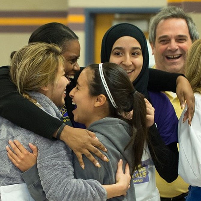 From left: Kaitlyn Sam; Toshieba Ragland, instructor; Diana Camcho; Aysha Waraich and Thomas Prassa, instructor, reacting to the news of their win.