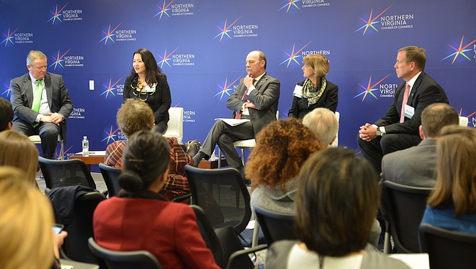 Jim Corcoran, (far left) CEO of the Northern Virginia Chamber of Commerce, moderates a panel of industry experts at the “State of Hospitality under the New Administration” forum.