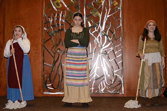 "Matchmaker," the story of three sisters, wondering the sort of husband their father will choose for each of them, is one of the hits from "Fiddler on the Roof." Here the song is performed at Temple Beth Torah's Shabbat Shira service. From left are Anna Kaplan, Leah Glicker and Lillie Jerome.