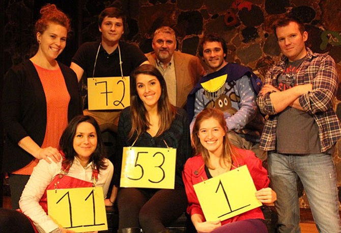 From left, front row, are Valerie Issembert (#11 Olive Ostrovsky), Sarah Mielbye (#53 Marcy Park), Alexandria Clapp (#1 Logainne  SchwartzandGrubenierre); second row, Jessica Bay Graber (Rona Lisa Peretti), Alexander Scott (#72 Chip Tolentino), Steve Cairns (Vice Principal Douglas Panch), Matthew Trollinger (#24 Leaf Coneybear), Matthew Sahlin (Mitch Mahoney); and not pictured Jake Robertson (William Barfee). 