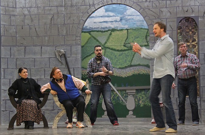 From left: Angelena LeBlanc (Mrs. Bennett/Queen Guinevere); Jim Pearson (King Arthur); Scott Stofko (Sir Sagramor le Desirous); Mike Dobbyn (Hank); and Ted Culler (Sir Lancelot) rehearse in ACCT's production of "A Connecticut Yankee in King Arthur's Court."
