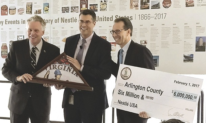 From left: Gov. Terry McAuliffe; Paul Bakus, president of Corporate Affairs for Nestlé US; and County Board Chair Jay Fisette. Nestlé received $6 million in state and local incentives to relocate to Arlington.
