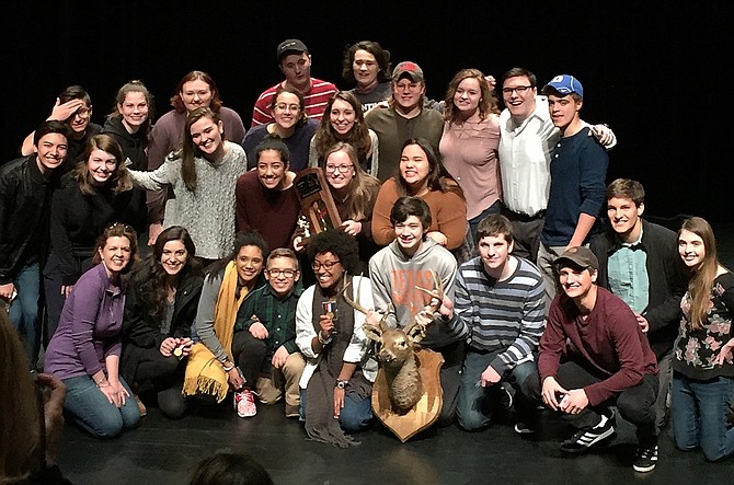 Director Shannon Khatcheressian (front row, far left) and her Chantilly High theater students are all smiles after winning the VHSL theater championship.