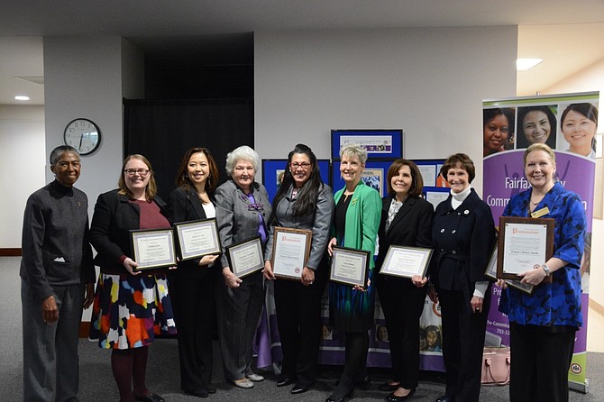 Seven women from around Fairfax County were recognized March 22 as “Trailblazing Women in Labor and Business” by the Fairfax County Commission for Women. From left are Supervisor Cathy Hudgins (D-Hunter Mill), Siobhan Green, Ashley W. Chen, Constance “Connie” Cordovilla, Staci L. Redmon, Lovey Hammel, Patricia “Pat” Saah Bayliss, Board Chairman Sharon Bulova and Sondra Seba Hemenway.