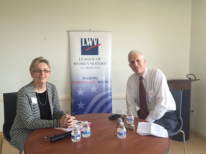 Nancy Tate (left) from the League of Women Voters and moderator of the discussion with County Manager Mark Schwartz.
