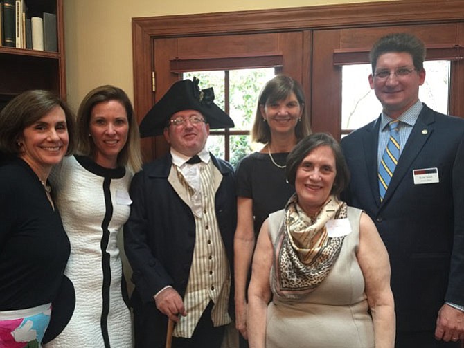 Gunston Hall executive director Scott Stroh, right, attended a fundraiser April 1 at the home of Gay and Bob Pasley to help raise funds for the Gunston Hall School House. With Stroh are Evelyn Griswold, Brooke Ross, George Mason interpreter Sarah Becker and Gay Pasley.