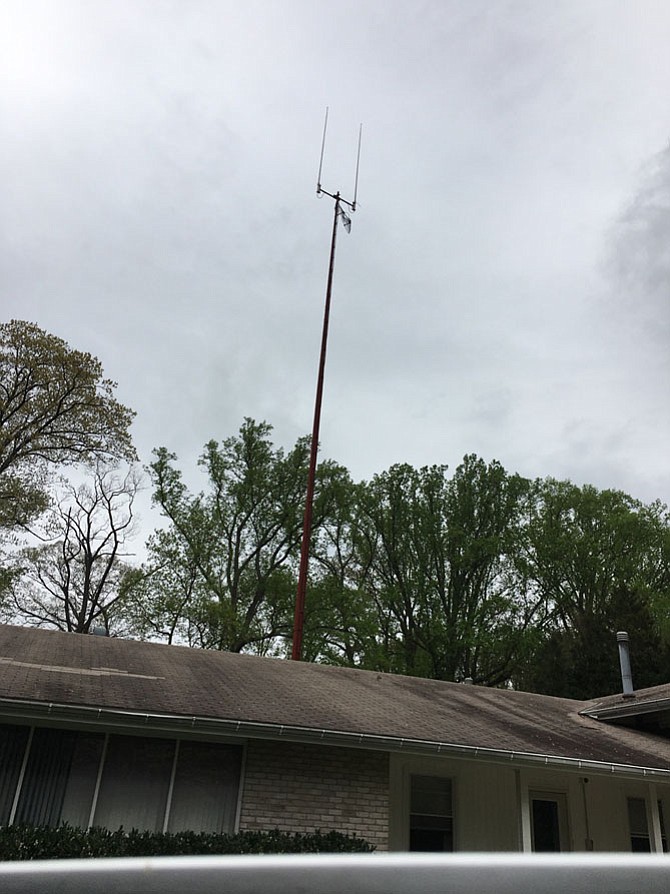 This monopole behind Cabin John Park Fire Station 30 on Falls Road in Potomac is scheduled to be replaced with a taller pole, 185 feet tall.