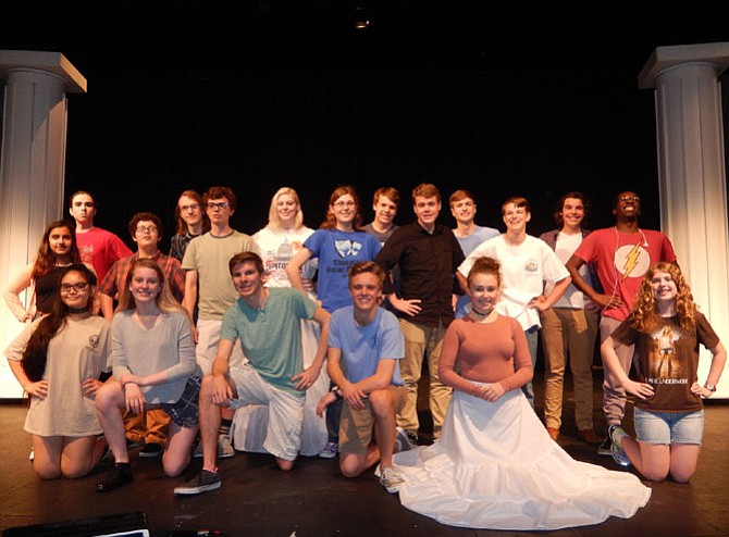 Some of the cast members of Centreville High’s upcoming production of “Twelfth Night.” In middle of front row are (from left) Laura Cantagallo, Jack Moore, Alex Wells and Margot Vanyan (in long, white skirt).