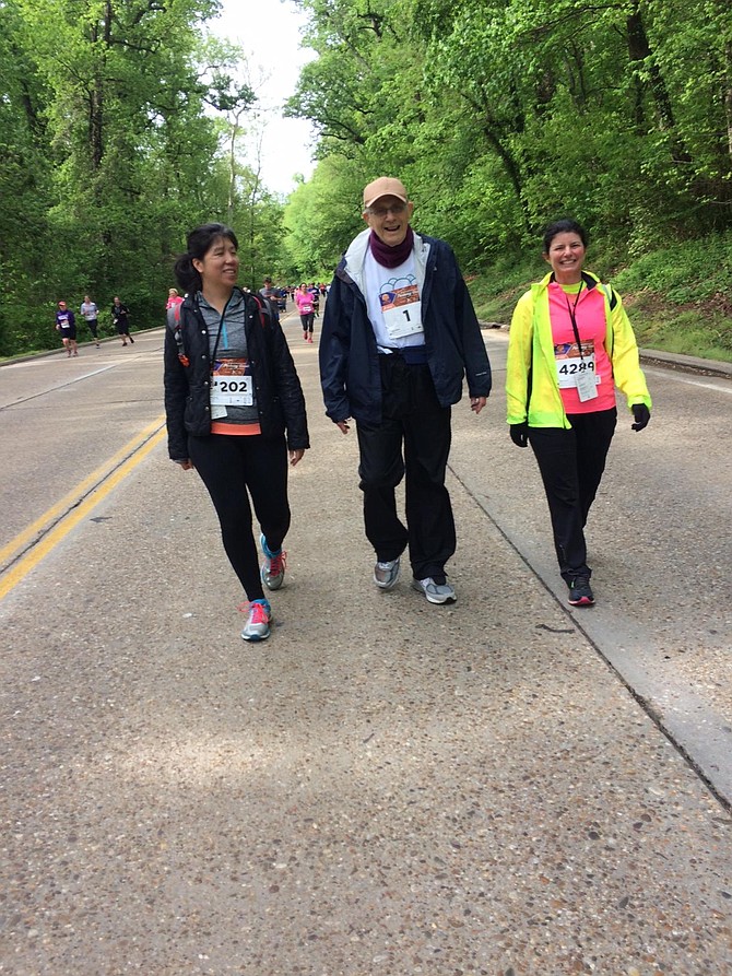 Donald Trilling and his two friends, Thai Phi Le, from Arlington, and Eileen Gaughran, from Alexandria, is running his 30th consecutive Parkway Classic, at age 89. He is given race number “one” every year to honor his long record of consecutive runs in this race.