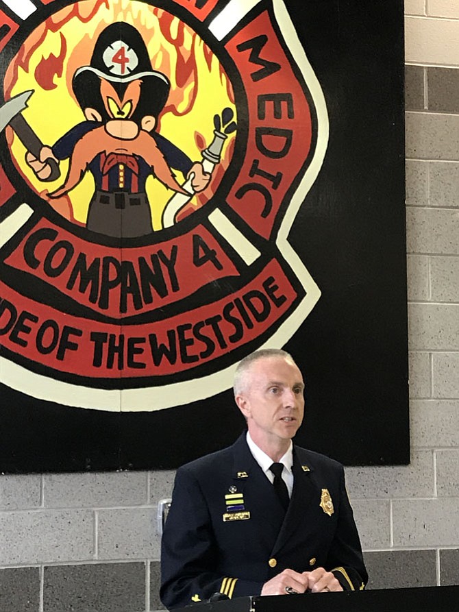 Chaplain Scott Primrose gave the Invocation during the Grand Opening of the Fairfax County Fire & Rescue Station 4, Herndon. Primrose led the crowd in prayer asking for blessing and safekeeping for the men and women of Station 4.