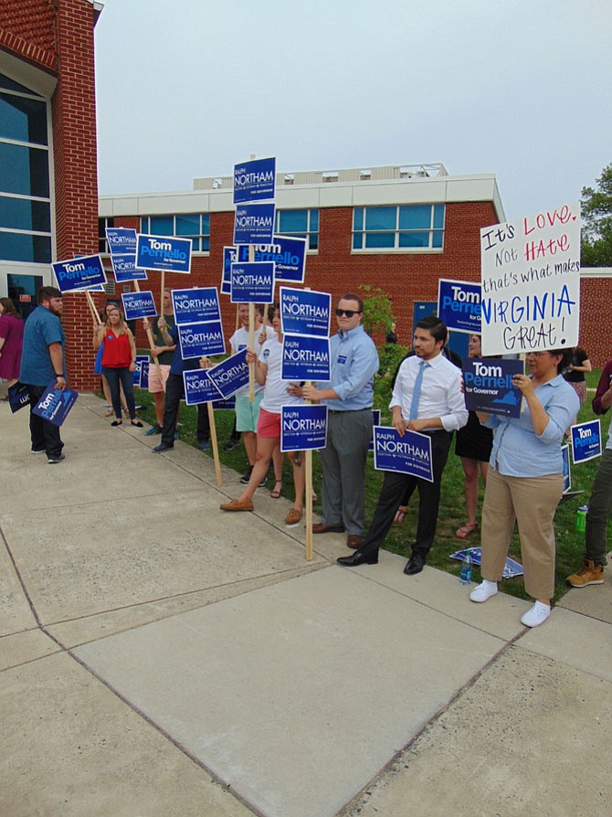 Supporters of Lt. Gov. Ralph Northam before the gubernatorial debate on Saturday, April 29, at Lanier Middle School in Fairfax.