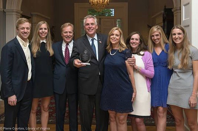 Virginia Gov. Terry McAuliffe honored the Stewart family and other recipients of the 2017 Governor’s Volunteerism and Community Service Awards with a special ceremony at the Executive Mansion on Thursday, April 20. From left: Geordie, Jenny, George, Gov. Terry McAuliffe, Connie, Dorothy McAuliffe, Julie and Joy.