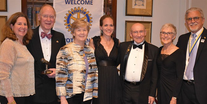 Mayor Allison Silberberg, left, stands with Rotary Club of Alexandria honorees at the club’s Charter Night April 8 at Belle Haven Country Club. With Silberberg are Gant Redmon, Mary Lee Anderson, Christine Friedberg, Gerry Cooper, Susan Grandy and Rotary Club of Alexandria President Tom Roberts.
